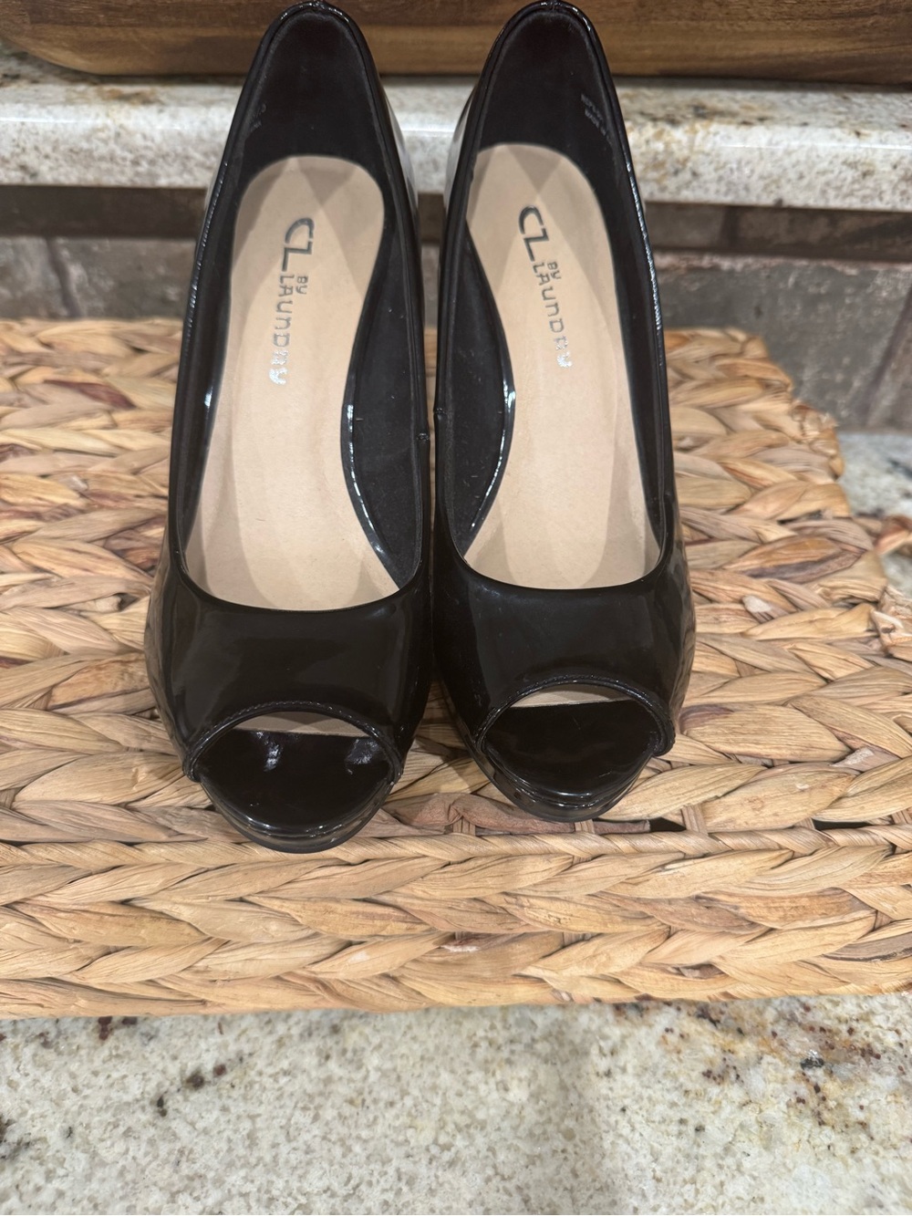 CL by Laundry Black Patent Peep Toe Heels Size 7 Barely Worn